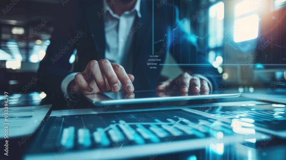 Businessman uses laptop at desk Businessman uses laptop at desk