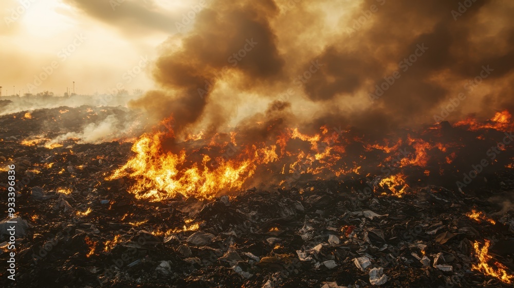 Fototapeta premium Intense landfill fire with thick toxic smoke rising into cloudy sky, illustrating environmental pollution and hazardous waste challenges