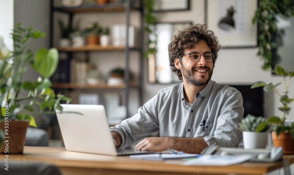 Smiling Freelancer in Cozy Home Environment Smiling Freelancer in Cozy Home Environment