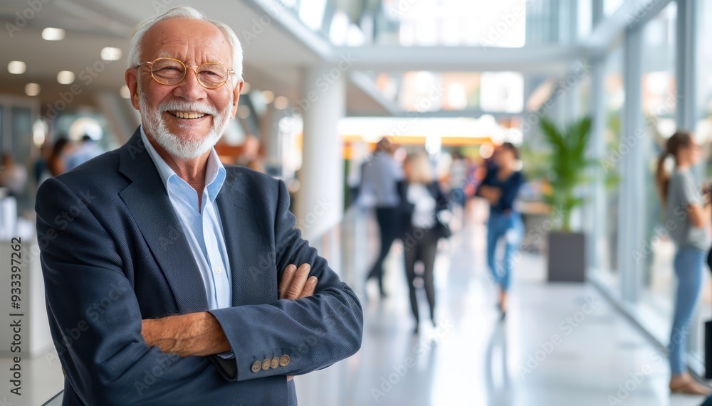 Senior businessman with arms crossed, smiling in a modern office, people walking in background, captured professionally. Senior businessman with arms crossed, smiling in a modern office, people walking in background, captured professionally.