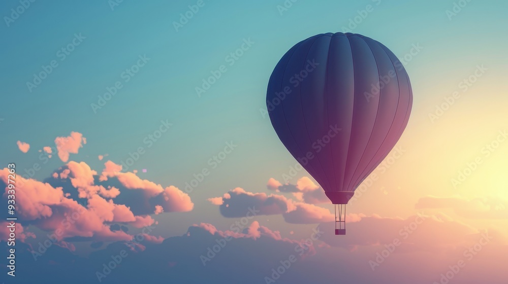 Fototapeta premium A dark blue hot air balloon rising into the morning sky, ready for adventure