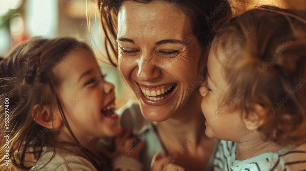 Close-up of a motherâs face looking lovingly at her children as they laugh together Close-up of a motherâs face looking lovingly at her children as they laugh together
