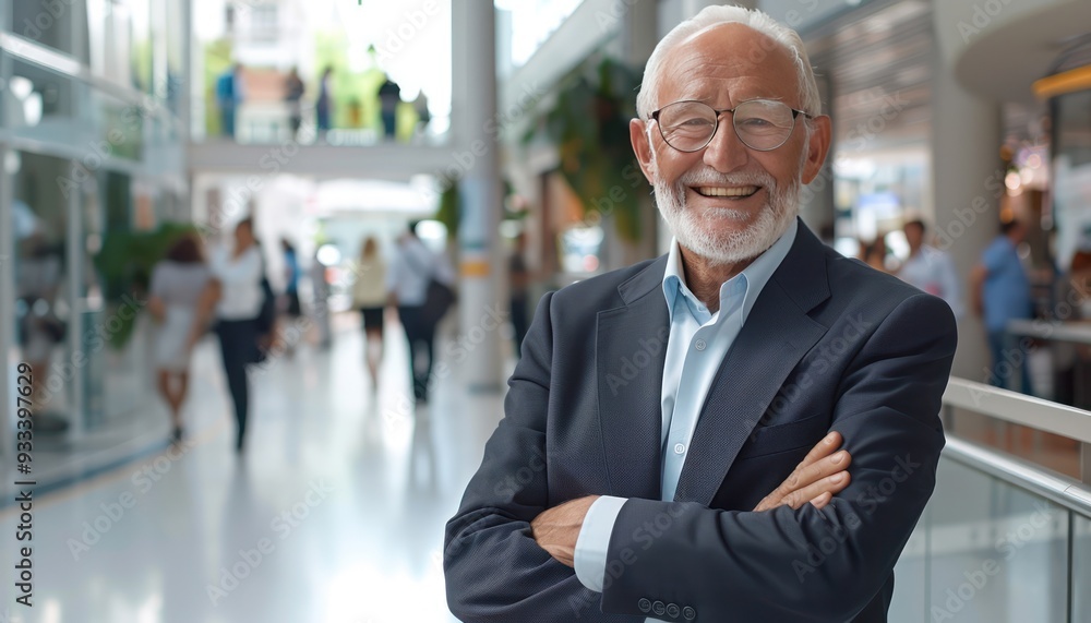 Senior businessman with arms crossed, smiling in a modern office, people walking in background, captured professionally. Senior businessman with arms crossed, smiling in a modern office, people walking in background, captured professionally.