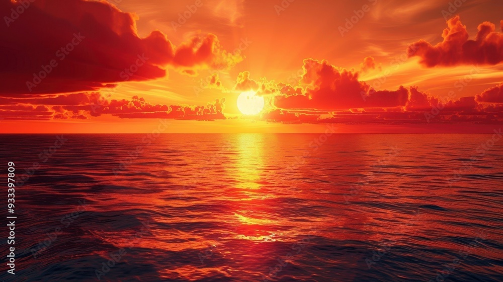 Fototapeta premium A fiery red sunset casting a warm glow over a calm ocean, creating a serene atmosphere