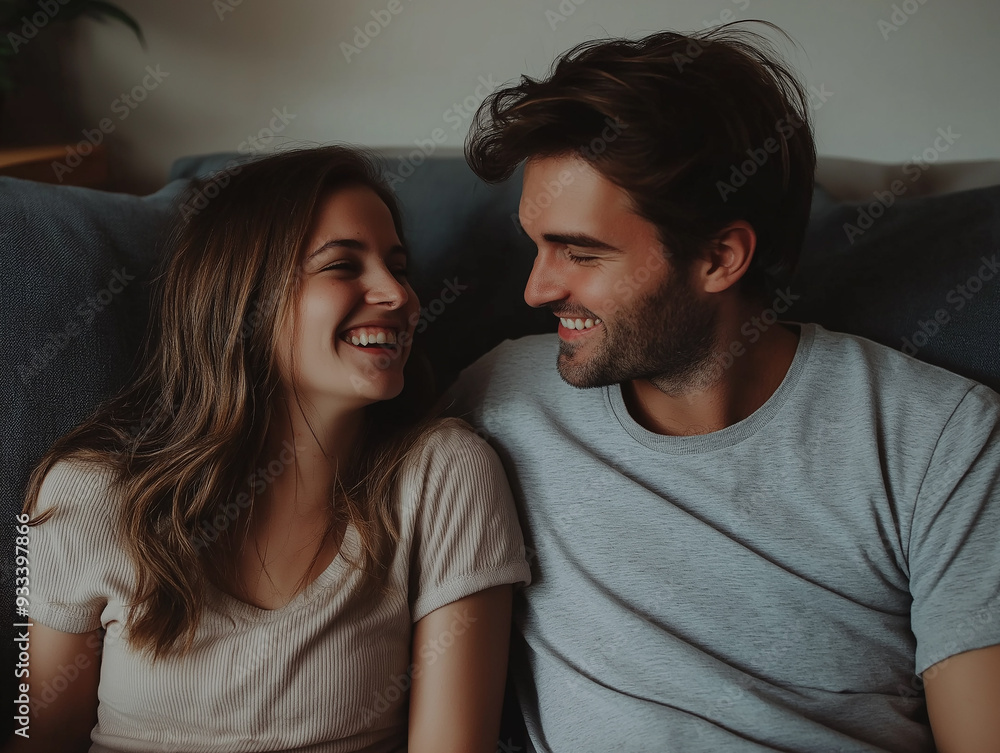 Obraz premium A couple sitting on a couch, both smiling warmly at each other, creating a cozy and intimate atmosphere.