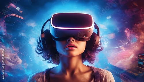 Wallpaper Mural Portrait of amazed young woman in a VR headset explores the metaverse's virtual space. Gaming and futuristic entertainment concept Torontodigital.ca