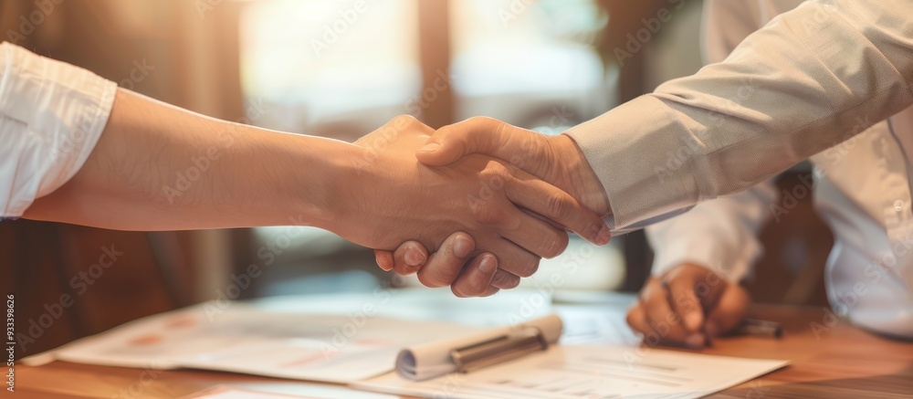 Shaking hands, documents on office desk, business teamwork, close-up necks, cinematic light, copy space. Shaking hands, documents on office desk, business teamwork, close-up necks, cinematic light, copy space.