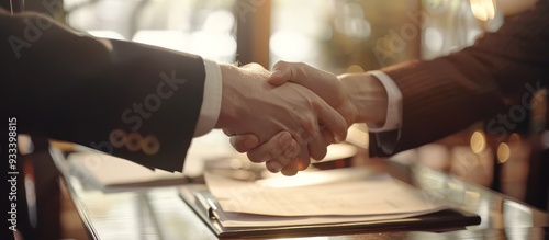 Shaking hands, documents on office desk, business teamwork, close-up necks, cinematic light, copy space.