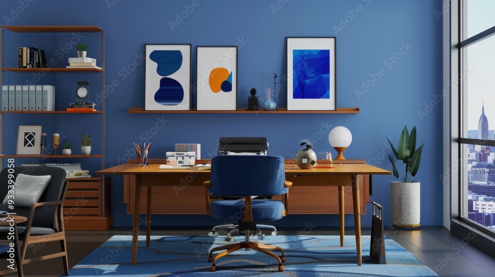 A minimalist workspace with indigo accents, including a desk chair and stationery A minimalist workspace with indigo accents, including a desk chair and stationery