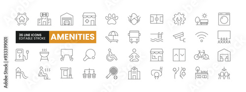 Set of 36 Amenities line icons set. Amenities outline icons with editable stroke collection. Includes Gym, Spa, Beach, Playground, Public Transport, and More.