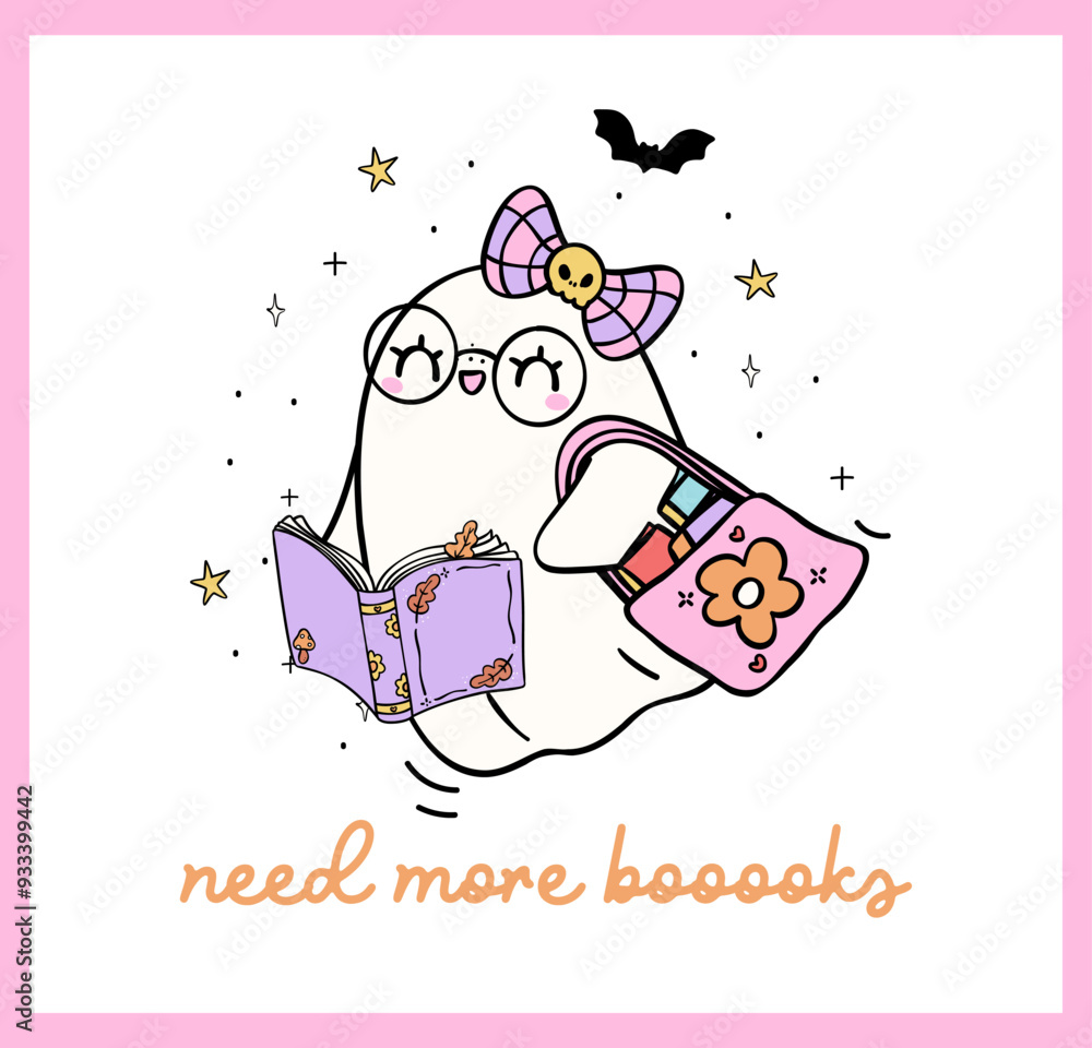 Fototapeta premium Groovy Ghost Reading Pastel Halloween shopping book Trendy Retro Bookish Cartoon Doodle