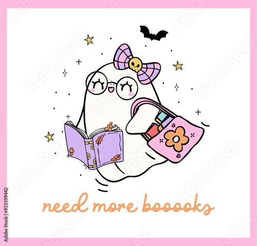 Groovy Ghost Reading Pastel Halloween shopping book  Trendy Retro Bookish Cartoon Doodle