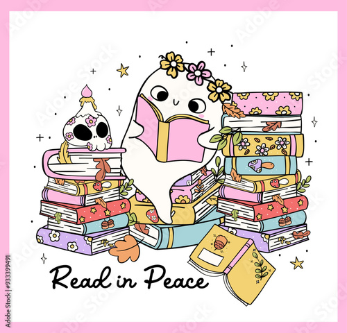 Groovy Ghost Reading Cosy Pastel Halloween Bookish Trendy Retro Cartoon Doodle