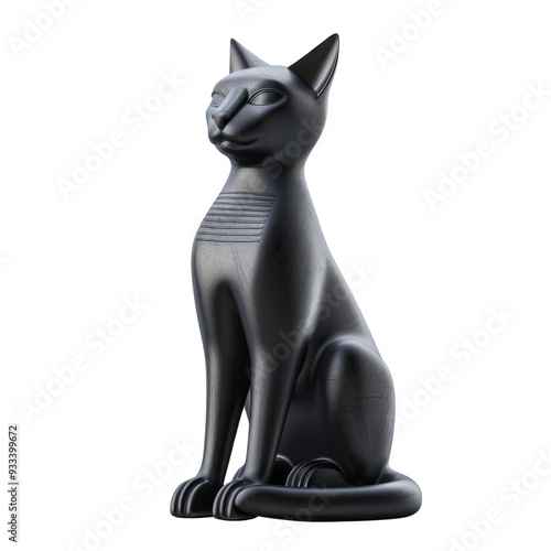 A sleek, black cat statue in a seated pose, rendered in a minimalist style.