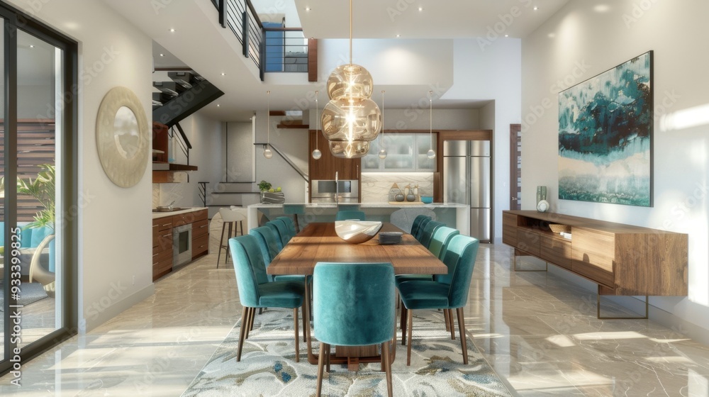 Fototapeta premium A modern dining room with turquoise chairs and a wooden table, creating a stylish space