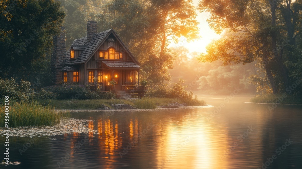Fototapeta premium A serene lakeside cabin at sunset, surrounded by nature's beauty.