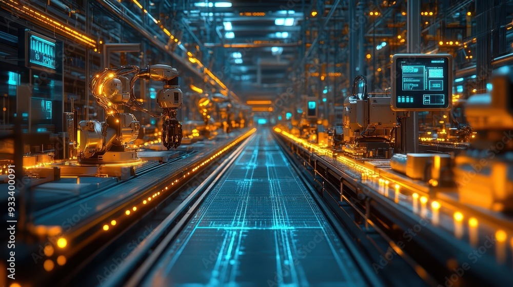 futuristic factory floor with robots and humans working side by side holographic displays augmented reality interfaces sleek design futuristic factory floor with robots and humans working side by side holographic displays augmented reality interfaces sleek design