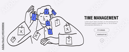 Man taking notes scheduling and organizing work in office or making timetable for university studies. Time management, work planning. Personal productivity. Line vector illustration in doodle style.