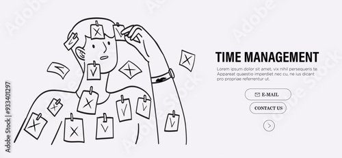Man taking notes scheduling and organizing work in office or making timetable for university studies. Time management, work planning. Personal productivity. Line vector illustration in doodle style.