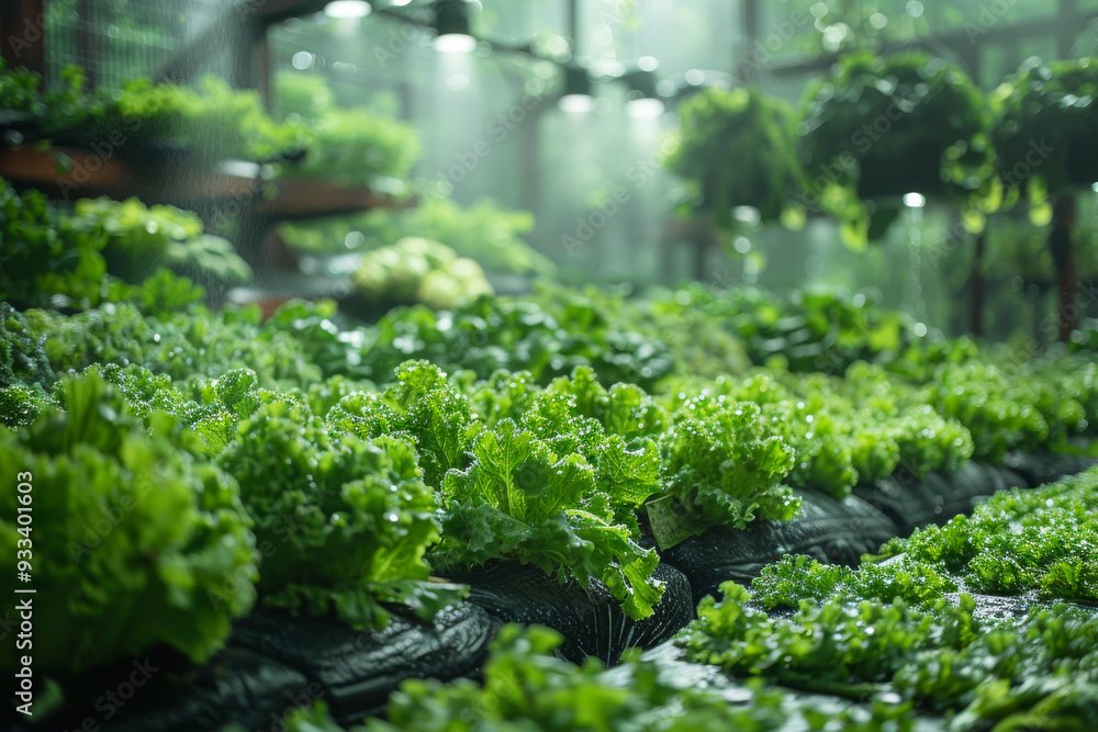 Rows of vibrant leafy greens flourish in nutrient-rich water beds, illuminated by soft, diffused natural light, creating a serene and productive atmosphere Rows of vibrant leafy greens flourish in nutrient-rich water beds, illuminated by soft, diffused natural light, creating a serene and productive atmosphere
