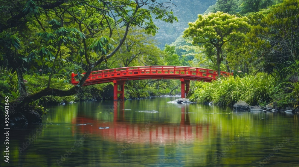 A red bridge spanning a calm river, surrounded by lush greenery A red bridge spanning a calm river, surrounded by lush greenery