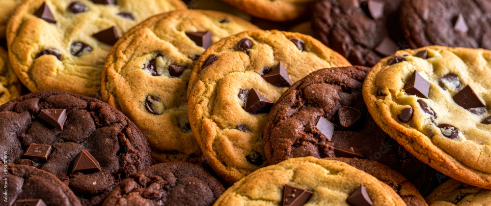 Delicious Assorted Chocolate Chip Cookies Closeup View, Variety Freshly Baked Homemade Sweet Treats Melting Chocolate Pieces Delicious Assorted Chocolate Chip Cookies Closeup View, Variety Freshly Baked Homemade Sweet Treats Melting Chocolate Pieces