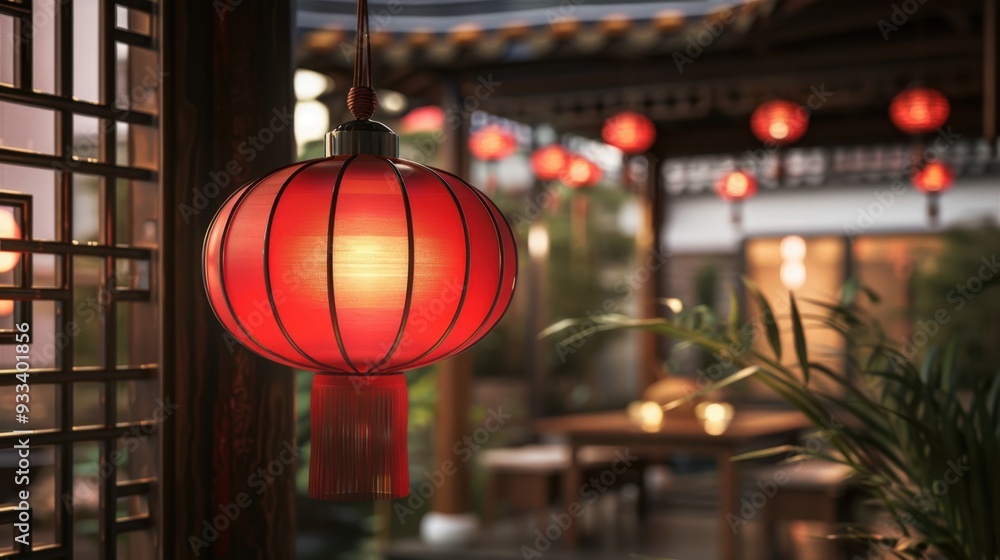 A red lantern hanging in a traditional setting, adding a festive touch A red lantern hanging in a traditional setting, adding a festive touch