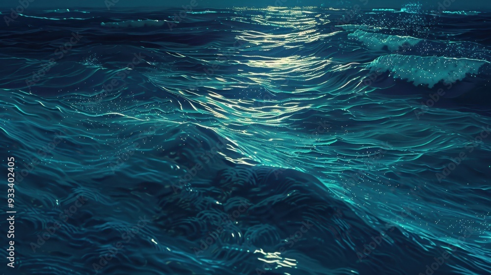 A serene dark blue ocean at twilight, with gentle waves reflecting the fading light A serene dark blue ocean at twilight, with gentle waves reflecting the fading light