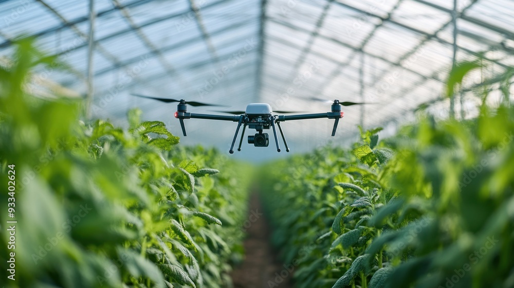 A drone equipped with agriculture technology flying over lush green crops inside a large greenhouse, demonstrating modern precision farming methods. A drone equipped with agriculture technology flying over lush green crops inside a large greenhouse, demonstrating modern precision farming methods.