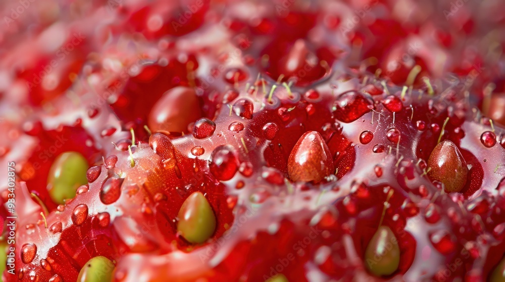 A close-up shot of a strawberry, revealing its delicate texture, tiny seeds, and mesmerizing patterns, captured with exceptional sharpness and depth of field A close-up shot of a strawberry, revealing its delicate texture, tiny seeds, and mesmerizing patterns, captured with exceptional sharpness and depth of field