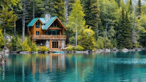 A serene lakeside cabin with turquoise accents, blending beautifully with the natural surroundings