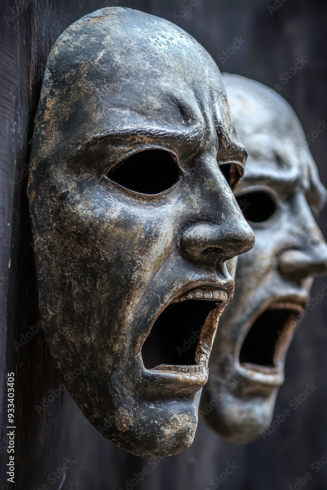Masks from a Greek tragedy. AI generative. Masks from a Greek tragedy. AI generative.