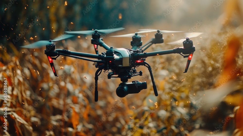 A commercial drone with a camera flying amidst golden crops, possibly capturing aerial agricultural footage or performing monitoring tasks in a farm setting. A commercial drone with a camera flying amidst golden crops, possibly capturing aerial agricultural footage or performing monitoring tasks in a farm setting.