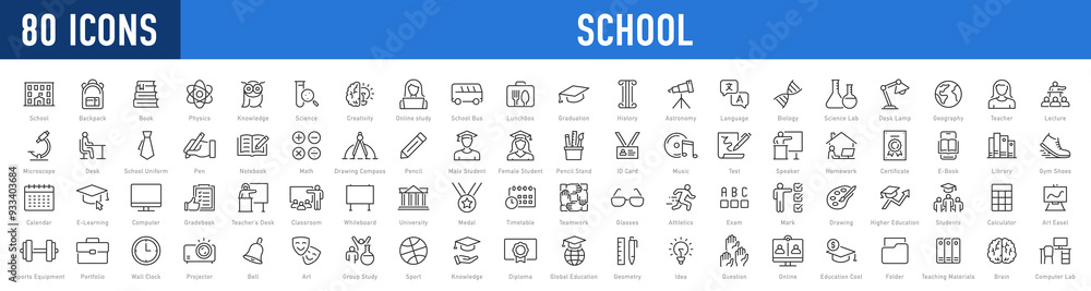 Set of 80 School web icons in line style. Education, knowledge, teacher, class room, study, language, collection. Vector illustration. Set of 80 School web icons in line style. Education, knowledge, teacher, class room, study, language, collection. Vector illustration.