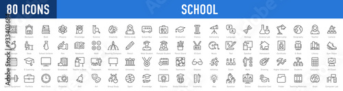 Set of 80 School web icons in line style. Education, knowledge, teacher, class room, study, language, collection. Vector illustration.	