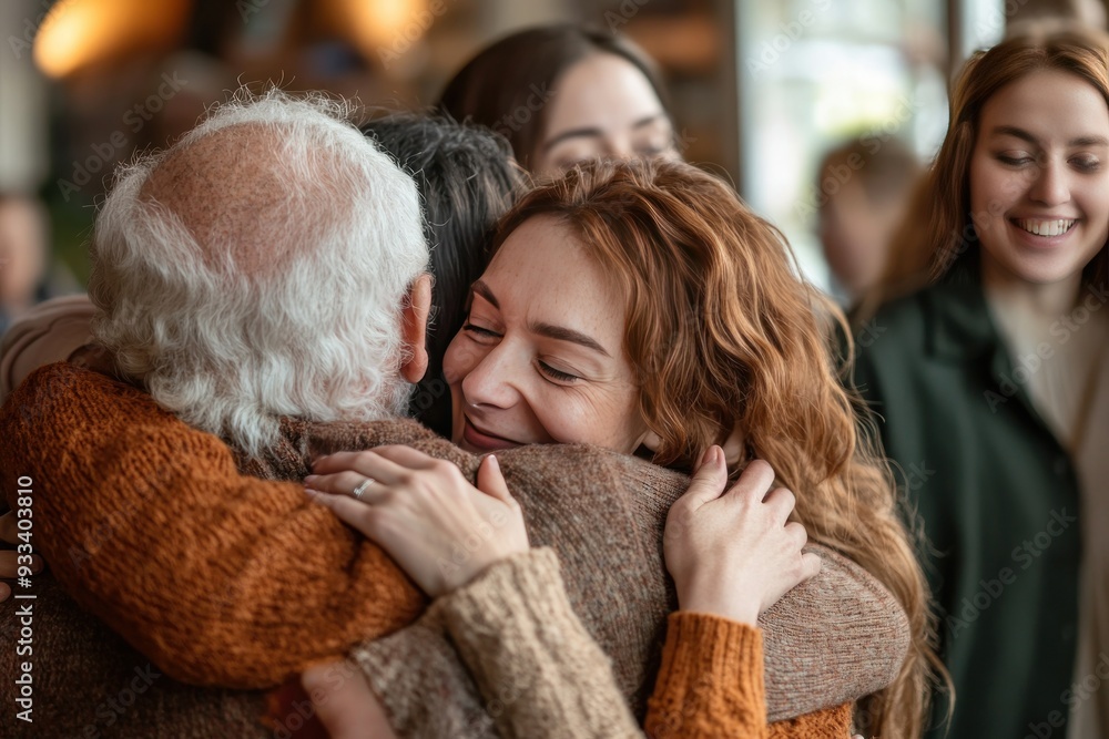 Woman Hugging Elderly Man with Affection and Joy Woman Hugging Elderly Man with Affection and Joy