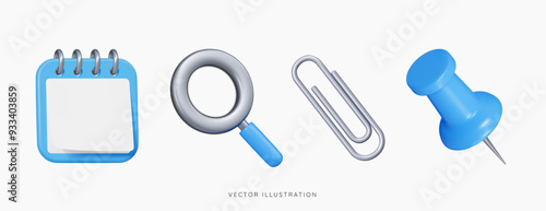 3D Blue office supplies emoji icon set. Stationery metallic magnifying glass, calendar, paper clip and push pin. Business and education concept. Cartoon design objects. 3D Vector Illustration