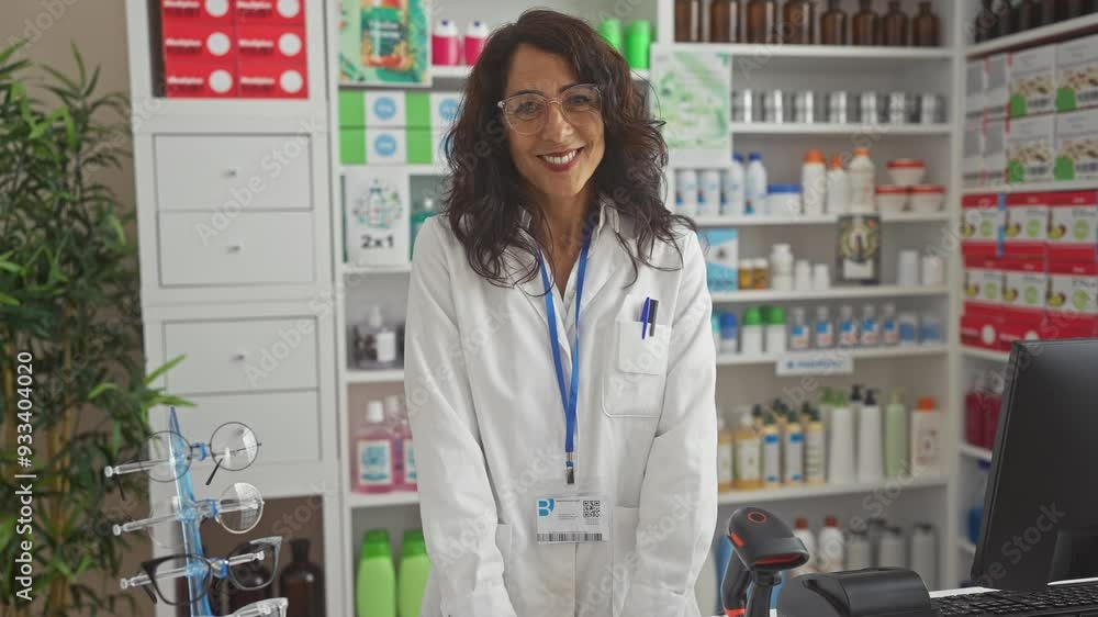 Hispanic woman pharmacist standing in a modern pharmacy with shelves of medicines Hispanic woman pharmacist standing in a modern pharmacy with shelves of medicines