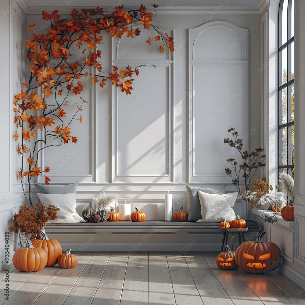 Obraz premium Aesthetic room interior design with Halloween elements. Wall with decoration in the apartment. Holiday pumpkins in the room.