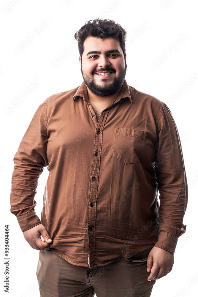 Full size body length bright happy vivid fancy young Middle Eastern chubby overweight man 20s wears brown shirt looking camera smiling with one hand in pocket Isolated on transparent background. Full size body length bright happy vivid fancy young Middle Eastern chubby overweight man 20s wears brown shirt looking camera smiling with one hand in pocket Isolated on transparent background.