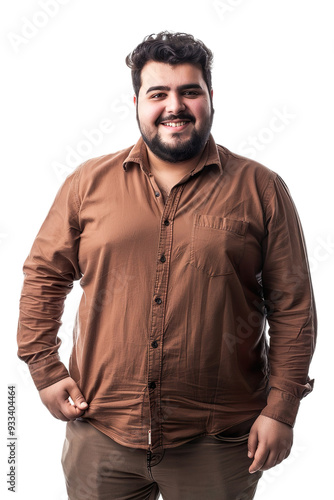 Full size body length bright happy vivid fancy young Middle Eastern chubby overweight man 20s wears brown shirt looking camera smiling with one hand in pocket Isolated on transparent background.