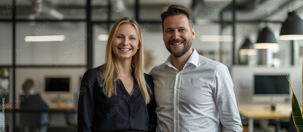 Smiling business duo in modern office, standing, professional environment, portrait style. Smiling business duo in modern office, standing, professional environment, portrait style.
