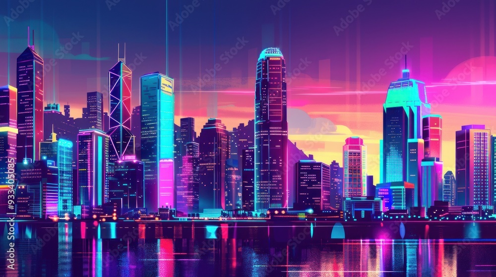 Night city skyline with glowing neon lights. Night city skyline with glowing neon lights.