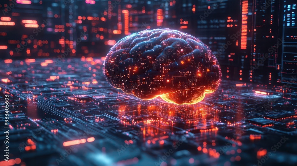 futuristic neural network visualization glowing nodes and connections forming a brain shape surrounded by holographic data streams and ai symbols futuristic neural network visualization glowing nodes and connections forming a brain shape surrounded by holographic data streams and ai symbols