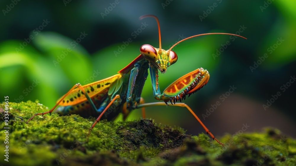 Vibrant Orchid Mantis on Mossy Branch Vibrant Orchid Mantis on Mossy Branch