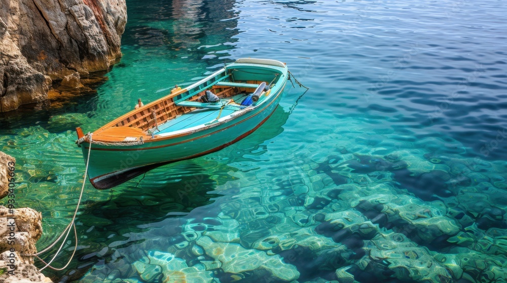 A turquoise boat anchored in a calm bay, with crystal clear water beneath it A turquoise boat anchored in a calm bay, with crystal clear water beneath it