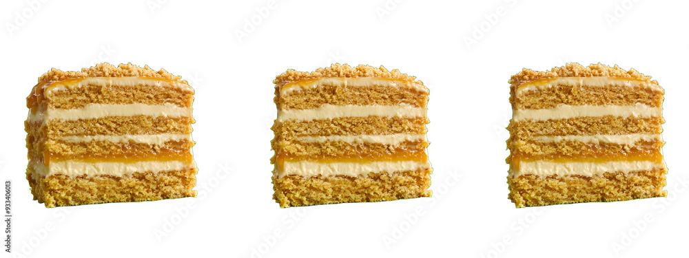 Fototapeta premium Marlenka (Honey Cake), each with layers of honey-flavored sponge, creamy caramel filling, and a golden brown, crumb-coated exterior
