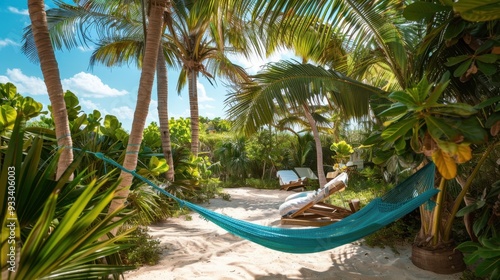 A turquoise hammock strung between palm trees, inviting relaxation in a tropical paradise