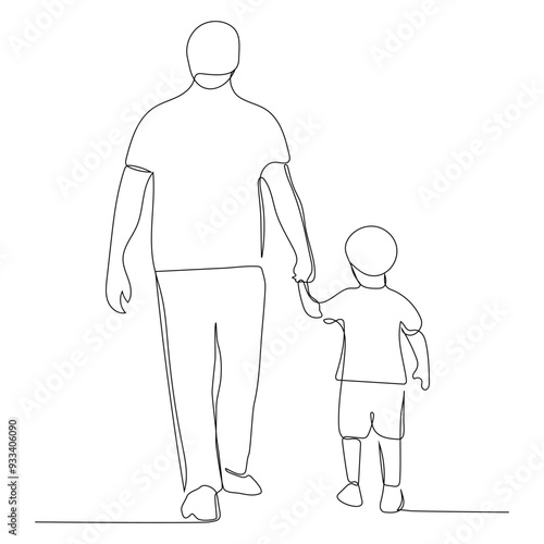 continuous line drawing of Dad and son,  Dad and son walk together holding hands.