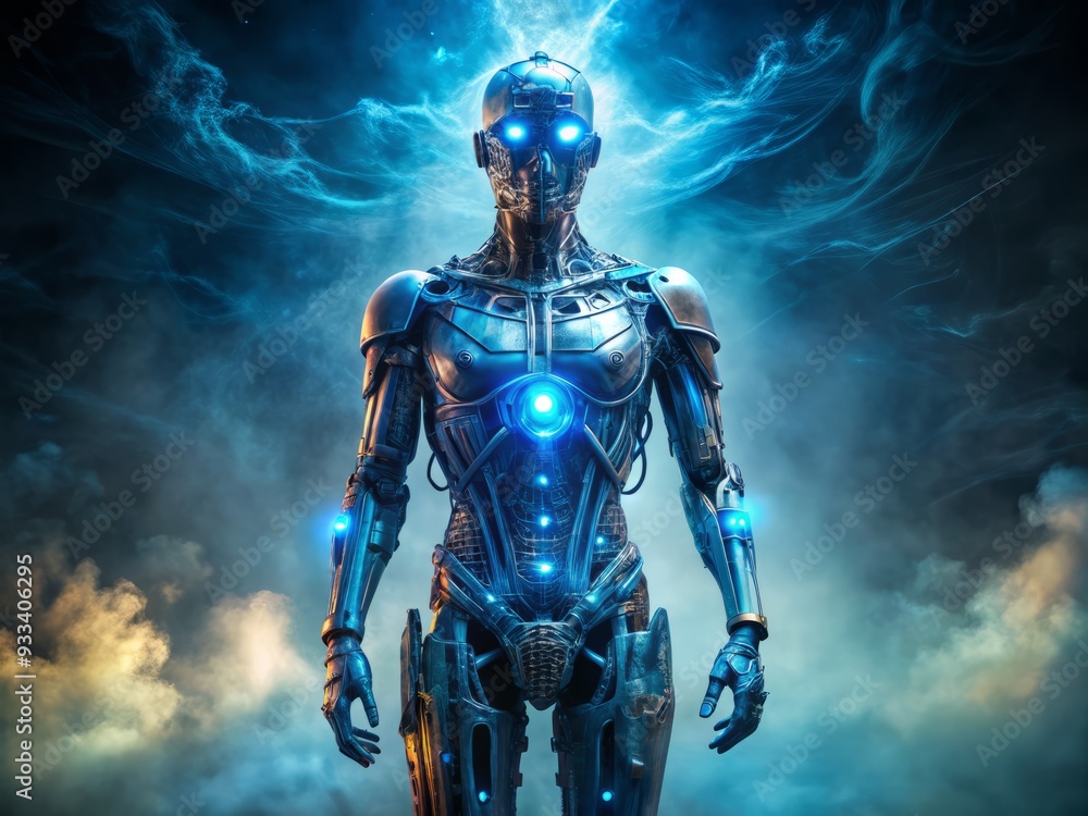 Obraz premium Futuristic metallic humanoid mechanism glowing neon blue circuits morning fog